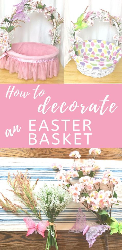 Easily decorate a store bought basket to turn it into a beautiful Easter basket to reuse year after year. Very simple, and very worth the effort.  #howtodecorateaneasterbasket #freeeasterbasketideas #noncandyeasterbasketideas #DIY #howto #easter #easterbasket #flowerbasket #thecheekyhomemaker #prettyeasterbasket #eastercraft #easterDIY How To Decorate A Basket, Pretty Easter Baskets, Simple Easter Baskets, Decorating Easter Baskets, Basket Centerpieces, Flower Pens, Easy Diy Decor, Easter Items, Easter Tablescapes