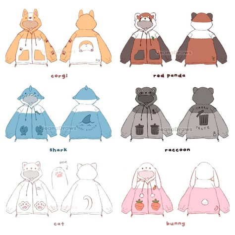 Hoodie Design Reference, Animal Hoodie Drawing, Anime Hoodie Outfit Drawing, Chibi Hoodie Reference, Cute Hoodie Drawing, Hoodie Design Ideas Drawing, Cute Animal Hoodies, Cute Clothes Design Drawing, Character Hoodie Design