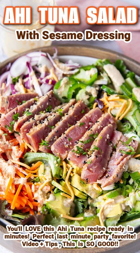 This Ahi Tuna Salad is a bright and tasty tuna salad recipe that uses fresh Ahi tuna seared with a luscious sesame dressing. SO GOOD! Ahi Tuna Salad With Sesame Ginger Dressing, Ahi Tuna Dinner Recipes, Ahi Tuna Salad Recipe, Seared Ahi Salad, Beachy Food, Tuna Salad Dressing, Tuna Steak Salad, Seared Ahi Tuna Salad, Ahi Salad