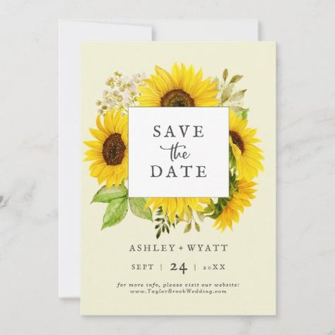 $2.86 | Country Sunflower | Yellow Save the Date Card #rustic save the dates, modern engagement announcement, sunflower wedding save the date, vintage fall theme, classic outdoor august september october, bright yellow watercolor flowers k902, boho country wildflower summer garden, elegant autumn floral green leaves, unique bohemian barn botanical greenery, pastel lemon yellow brown backyard Sunflower Save The Date, Country Style Wedding Invitations, Watercolor Sunflowers, Wildflower Wreath, Garden Theme Wedding, Rustic Save The Dates, Country Style Wedding, Yellow Watercolor, Sunflower Yellow