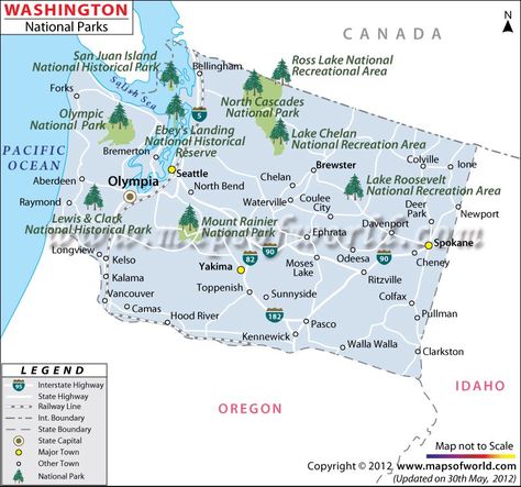 Washington National Parks - Map for National Parks in Washington showing the locations of all the major national reserves or parks including San Juan Island National Historical Park, North Cascades National Park and Mount Rainier National Park in WA, USA. Washington National Parks, Cascade Mountains Washington, Washington State Map, Washington Map, Washington State Parks, Cascades National Park, Cascade National Park, Canada National Parks, San Juan Island