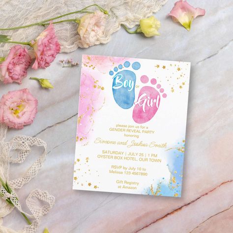 Pink Blue Gender Reveal, Sand Unity, Blue Gender Reveal, Gender Reveal Invitations Template, Wedding Sand, Gender Party, Glitter Invitations, Party Stationery, Gender Reveal Invitations