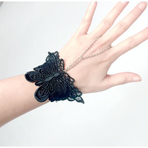 gothic black bracelet butterfly moth silver ring lace cuff chain ring... ($14) ❤ liked on Polyvore featuring jewelry, bracelets, vintage silver bangle, vintage victorian jewelry, art deco jewelry, silver cuff bangle and vintage silver jewelry Hand Bracelet With Ring, White Lace Choker, Bracelet Butterfly, Bracelets Chain, Silver Cuff Bangle, Vintage Silver Jewelry, Lace Bracelet, Lace Necklace, Lace Cuffs