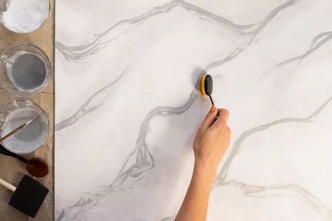 How to Give Any Surface the Faux Marble Print Look How To Paint Marble Effect On Canvas, How To Paint Tile To Look Like Marble, How To Paint Marble Effect On Walls, How To Paint Marble, How To Paint Marble Effect, Diy Marble Wall, Painting Faux Marble, Wood Stairs Ideas, Faux Marble Wall