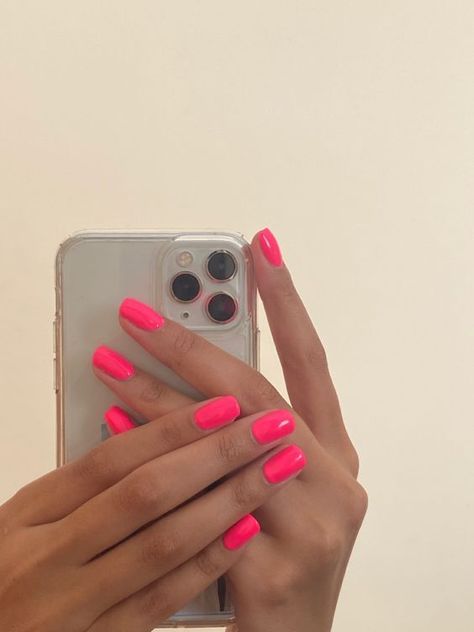 Neon Pink Manicure, Neon Pink Nails Aesthetic, Neon Summer Aesthetic, Neon Pink Nail Designs, Pink Nails Hot Pink, Pink Nails Neon, Hot Pink Nail Designs, Neon Pink Nail, Hot Pink Nail