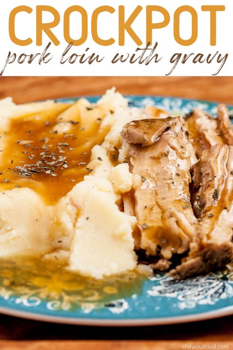 This crockpot pork loin is tender, flavorful and makes amazing gravy! You can throw all of these amazing ingredients into a crockpot, set it and forget it for a little while! It's one of my favorite comfort foods. #cinnamonrolls #homemadecinnamonrolls #cinnamonbuns #cinnamonrollsrecipe #cinnamonrollswithcreamcheesefrosting Pork Loin With Gravy, Pork Loin Recipes Slow Cooker, Pork Roast With Gravy, Roasted Pork Tenderloin Recipes, Crockpot Pork Loin, Slow Cooker Pork Loin, Pork Loin Recipe, Slow Cooker Pork Roast, Slow Cooker Pork Tenderloin