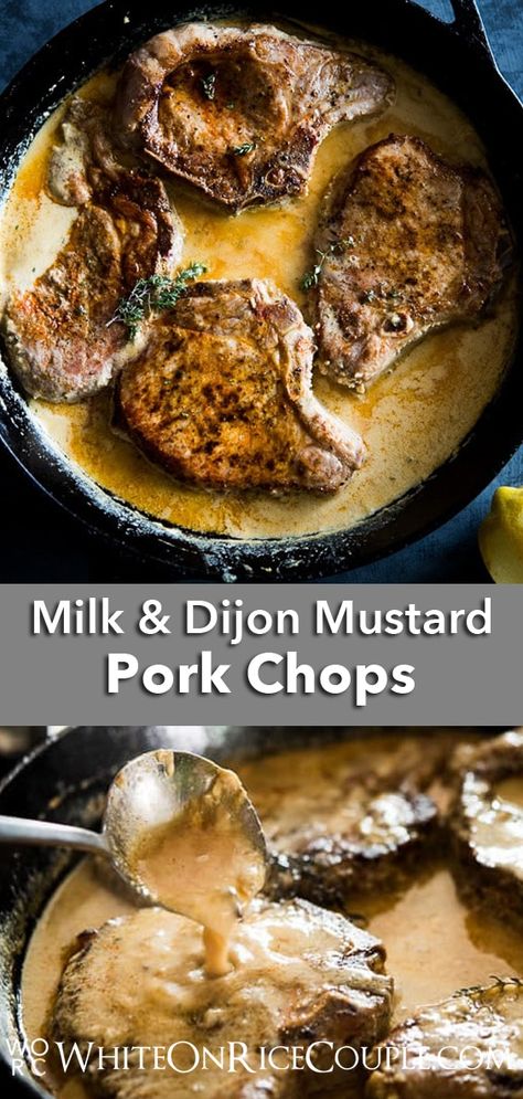 Juicy Tender Pork Chops in Milk and Dijon Mustard Sauce. Pork chops never tasted this good. | @whiteonrice Pork Chop Dijon Mustard Recipes, Dijon Mustard Pork Chops, Braiser Recipes, Dijon Pork Chops, Crepes Easy, Mustard Recipes, Braised Pork Chops, Dijon Mustard Sauce, Boneless Pork Loin Chops