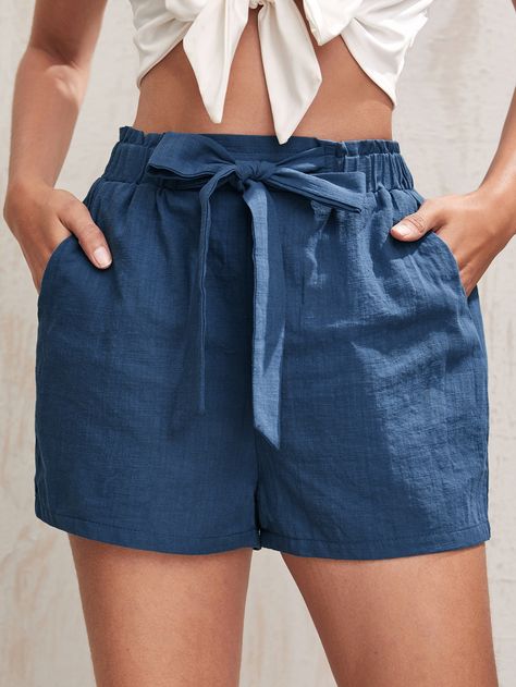 Como Fazer Short, Cotton Shorts Women, Bermuda Shorts Women, Summer Bottoms, Women Bottoms, Loose Shorts, Trendy Fashion Women, Look Fashion, Blue Fashion