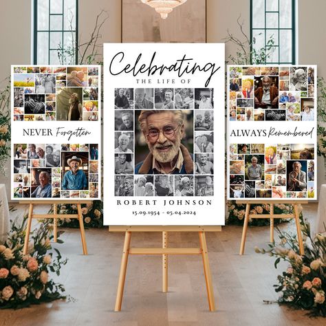 Celebration of Life Funeral Photo Collage Sign Set Templates, Funeral Welcome Sign Template, In Loving Memory, Memorial Poster Celebrate and honor the life of your loved one with our editable funeral photo collage sign set. Designed to help you create a touching tribute, this set allows you to beautifully commemorate their journey. Using Canva, you can effortlessly add cherished photos and personal touches to craft a heartfelt memorial. Our collage set offers a respectful and meaningful way to s Memorial Welcome Sign, Tribute Wall Ideas, Celebration Of Life Picture Display, Celebration Of Life Photo Display Ideas, Memorial Collage Ideas, Picture Boards For Funerals Ideas, Celebration Of Life Memorial Ideas Diy Photo Displays, Memorial Party Celebration Of Life, Memorial Picture Board