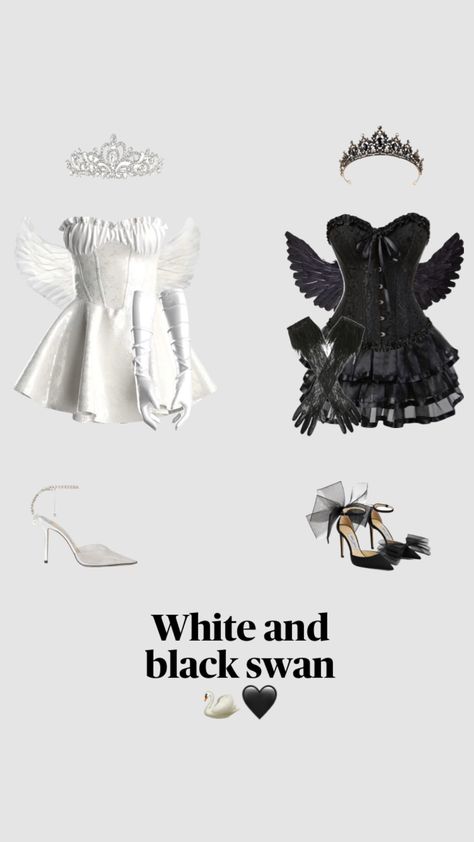 Halloween costume ideas🫶🏻 #outfitinspo #halloween Black Swan Costume Halloween, White And Black Swan, Halloween Duo Costume, Black And White Swan, Fun Halloween Outfits, Black Dress Halloween Costume, Swan Costume, Halloween Duo, Cleopatra Halloween