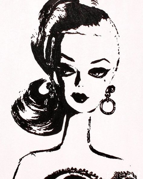 1950s Tattoo Ideas, Black And White Barbie Aesthetic, Old Hollywood Drawing, Old Hollywood Illustration, 50s Aesthetic Black And White, Vintage Barbie Tattoo, Girlhood Art, Junior Posters, Vintage Cartoon Black And White