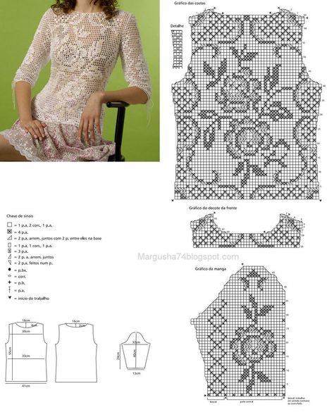 Crochet Stitches Chart, Diy Crafts Crochet, Gilet Crochet, Black Crochet Dress, Filet Crochet Charts, Fillet Crochet, Crochet Ladies Tops, Crochet Tops Free Patterns, Crochet Dress Pattern