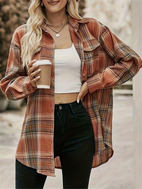 Orange Casual Collar Long Sleeve Polyester Plaid Shirt Embellished Non-Stretch  Women Clothing Plaid Print Shirt, Plaid Blouse, Elegant Shirt, Shoulder Shirts, Tunic Shirt, Inspiration Mode, Plaid Print, Casual Blouse, Shirt Pattern