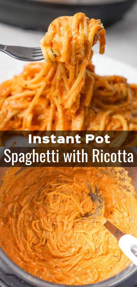 Instant Pot Spaghetti with Ricotta is an easy weeknight dinner recipe made with canned marinara sauce and loaded with mozzarella, cheddar and ricotta cheese. Ricotta Cheese Spaghetti, Spaghetti And Ricotta Recipes, Spaghetti Sauce With Ricotta Cheese, Pasta Recipes With Ricotta Cheese, Recipes With Ricotta Cheese Dinner, Pressure Cooker Recipes Pasta, Recipe Using Ricotta, Pressure Cooker Spaghetti, Pressure Cooker Pasta