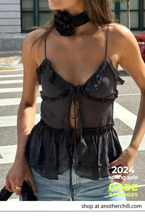 Check out AnotherChill vintage & retro clothing: y2k, denim, 90s style, grunge, cubic, and petite girl style. Step into the perfect aesthetic with baggy jeans, flare jeans, cargo jeans, crop tees, oversize hoodies, kitsch accs, and so on. 2000s Outfits, Black Cami Top, Fashion Aesthetics, Summer Crop Tops, Weave Style, Summer Tank Tops, Looks Vintage, Tie Neck, Y2k Fashion