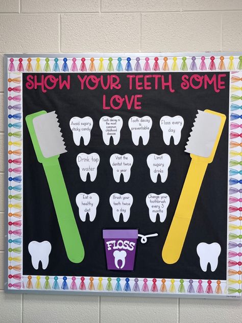 Dental Hygiene Bulletin Board Ideas, Elementary Health Bulletin Boards, Dental Office Bulletin Board Ideas, Dental Health Bulletin Board Ideas, Health Room Bulletin Boards, Winter School Nurse Bulletin Board, Health Bulletin Boards Elementary, Elementary Nurse Office Decor, School Nurse Bulletin Board Ideas Health