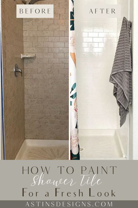 Looking for creative bathroom tile paint ideas? Learn how to paint your tub and shower tile with this simple guide! Whether you're going for a classic white finish or bold pops of color, this tutorial has everything you need to know about tub and tile paint. Discover why painting your bathroom tile is a smart, cost-effective solution for a stylish update. Click now to start your bathroom transformation today! Painting Tile On Bathroom Wall, Paint Tile Around Tub, Painted Tile Shower Wall, Painted Tile Wall Bathroom, Painted Shower Tile Ideas, Bathroom Paint Remodel, Painting Tile Walls In Bathroom, Painted Wall Tile Bathroom, Inexpensive Shower Remodel