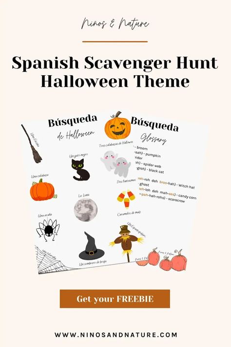 Fun & Free Spanish Halloween Scavenger Hunt | Learn Spanish every day! - Niños & Nature™ Homeschool Spanish Curriculum, Spanish Crafts, Spanish Curriculum, Homeschool Spanish, Halloween Scavenger Hunt, Spanish Immersion, Homeschool Freebies, Homeschooling Resources, Scavenger Hunt For Kids