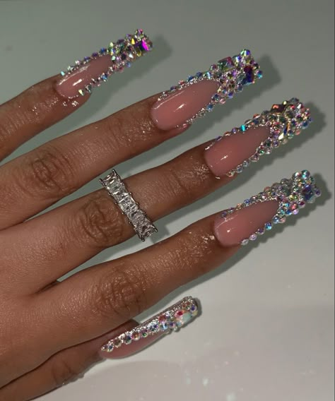 Nail Art Crystals Rhinestones, Birthday Nails Rhinestones Diamonds, Nail Ideas Jewels, Prom Nails Diamonds, All Diamond Nails, Blinged Out Nail Sets, Nails Diamonds Rhinestone, Prom Nails Black Women, Diamond Acrylics