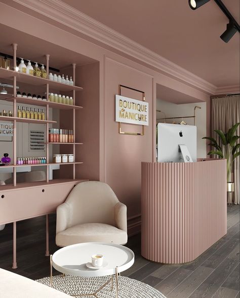 Makeup Studio Desk, Pink Clinic Design, Beauty Reception Desk, Makeup Studio Aesthetic, Beige Beauty Salon, Nail Studio Aesthetic, Nail Salon Aesthetic, Luxury Nail Salon, Makeup Studio Decor