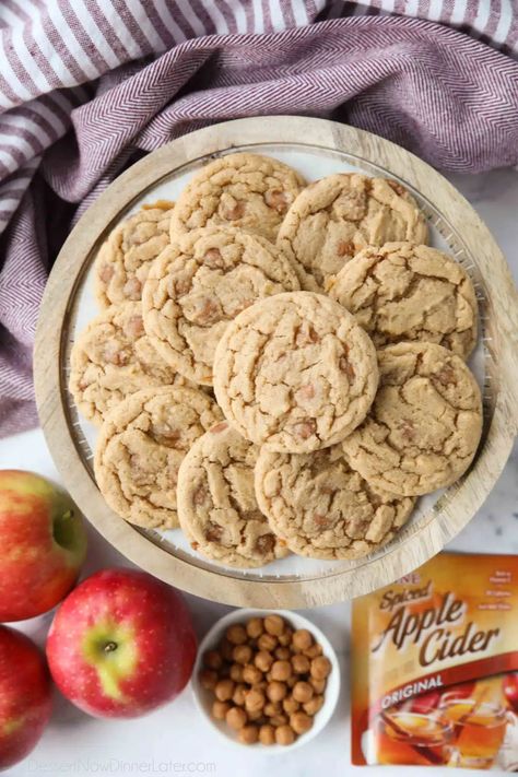 Caramel Apple Cider Cookies use apple cider mix and caramel bits to create a soft and chewy fall-flavored cookie. Apple Cider Mix Recipe, Cider Cookies, Apple Cider Cookies, Caramel Apple Cider, Caramel Apple Cookies, Caramel Bits, Apple Cider Caramels, Apple Cookies, Caramel Apple