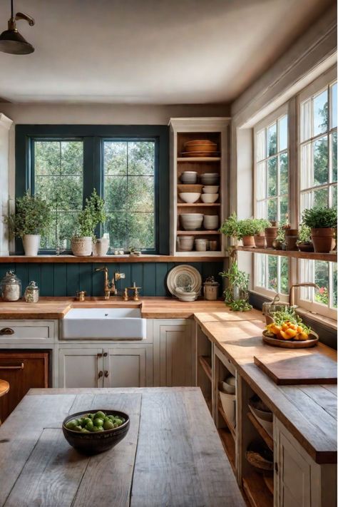 Small Cottage Inspiration, White Kitchen Cottage Style, Tiny Home Kitchen Ideas Farmhouse, Cottage Vibe Kitchen, Southern Cottage Kitchen, Small Space Renovation, New England Cottage Kitchen, Modern Cottage Core Kitchen, Modern English Cottage Kitchen