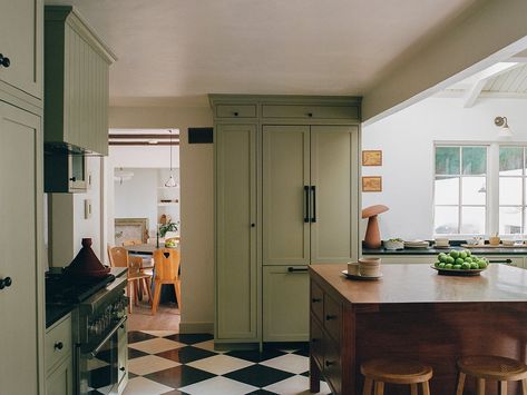 Tudor Revival House, Los Angeles House, Tudor Home, Checkerboard Floor, Tudor Revival, Big Kitchen, Tudor House, Solid Wood Doors, Kitchen Cabinet Colors