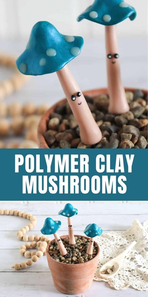 Diy Clay Garden Decor, Ceramic Mushrooms Diy, Clay Plant Decorations, Things To Make With Polymer Clay Easy, Clay Step By Step Easy, Polymer Clay Mushrooms Diy, Diy Polymer Clay Mushroom, Sculpey Clay Ideas Projects, Polymer Clay Figures Tutorial