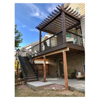 Colorado Deck and Landscape Deck Above Patio, Double Deck Patio Ideas, Bedroom Deck Ideas Balconies, Metal Railing Balcony, Outdoor Balcony Ideas Houses, Outdoor Balcony Ideas Houses Terraces, Townhouse Deck Ideas, Modern Balcony Design Exterior, 2nd Floor Deck Ideas