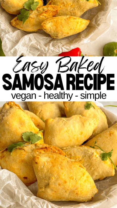 A simple, delicious, and vegan baked samosa recipe for a healthier alternative to traditional samosas. These baked samosas are made with minimal ingredients and are such a delicious Indian snack served with chutneys and other side dishes. A beginner-friendly, must-try samosa recipe! Samboosa Recipe, Baked Samosa Recipe, Samosa Dough, Veg Samosa, Baked Samosa, Easy Samosa Recipes, Vegetable Samosa, Lunch Foods, Potato Filling