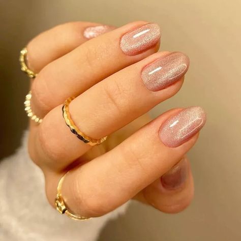 Light Cateye Nails, Nude Cats Eye Nails, Velvet Nails Pink, Natural Cat Eye Nails, Velvet Nails Acrylic, Fun Bridal Nails, Natural Short Nail Designs, Gold Pink Nails, Pink Velvet Nails