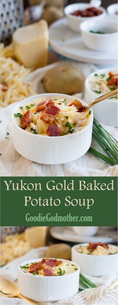 A classic comforting soup recipe, this Yukon Gold baked potato soup is a family favorite! * Recipe on GoodieGodmother.com Yukon Gold Baked Potato, Yukon Gold Potato Soup, Gold Potato Soup, Gold Potato Recipes, Yukon Gold Potato, Baked Potato Soup Easy, Whole30 Soup Recipes, Potato Soup Easy, Potato Soup Crock Pot