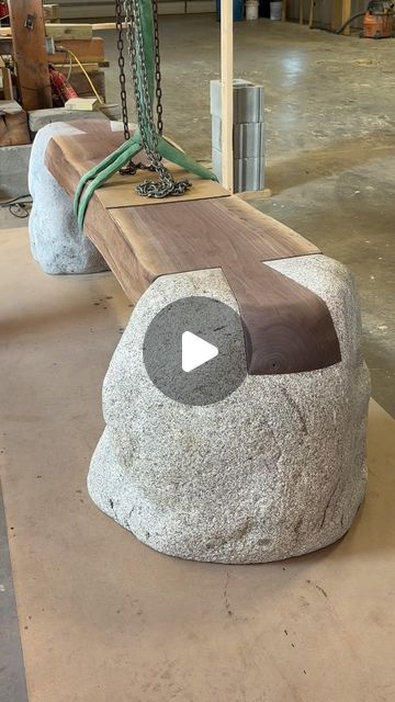 Ethan Stebbins on Instagram: "Dovetail bench in progress.  Black walnut and granite boulders.  @atelierscourbet  @nicolehollissf" Wood And Stone Furniture, Stone Table Design, Log Furniture Plans, Black Walnut Table, Carved Bench, Diy Wood Bench, Wood Stumps, Pizza Kitchen, Stone And Wood