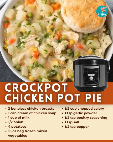 This crockpot chicken pot pie is a delicious, filling, and easy-to-make dinner meal! It has chicken, vegetables, and cream of chicken soup. Slower Cooker Chicken Pot Pie, Chicken Pot Pie Crockpot Soup, Keto Chicken Pot Pie Soup Crockpot, Chicken Pot Pie Recipe Slow Cooker, Easy Chicken Pot Pie In Crockpot, Chicken Pot Pie Soup Recipe Slow Cooker, Croissant Pot Pie, Crock Pot Pot Pie Chicken, Crock Pot Chicken Pot Pie Easy