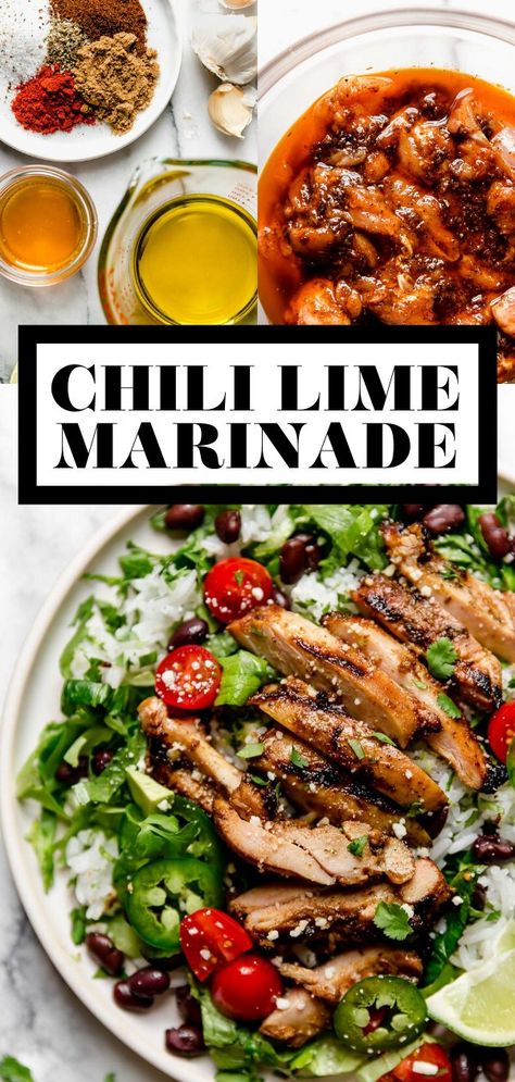 This Chili Lime Marinade adds bright, zesty, & spiced flavor to everything it touches. Made with just 8 pantry ingredients in 10 minutes or less, this Mexican-inspired marinade pairs beautifully with everything from epic steak fajitas to grilled chicken, pork, seafood, veggies, & even fruit! #marinade #chililime #chililimechicken #chililimesalmon #chilelime #marinadeforchicken #grilledchickenmarinade Fajita Chicken Marinade, Mexican Chicken Marinade, Chili Lime Marinade, Chili Lime Salmon, Lime Marinade, Zesty Chicken, Fajita Marinade, Grilled Chicken Marinade, Mexican Pork