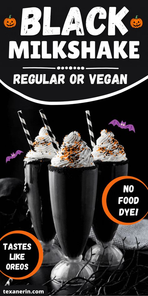 Make your Halloween extra eerie with a black milkshake! This spooky Halloween food is made with rich black cocoa powder, creating a striking and delicious black dessert. Perfect for anyone looking to whip up unique Halloween milkshakes that stand out at any festive gathering. Black Halloween Snacks, Black Halloween Desserts, Halloween Milkshakes For Kids, Hocus Pocus Milkshake, Cool Milkshakes, Fun Halloween Drinks For Kids, Spooky Milkshake, Spooky Drinks Nonalcoholic, Halloween Milkshakes