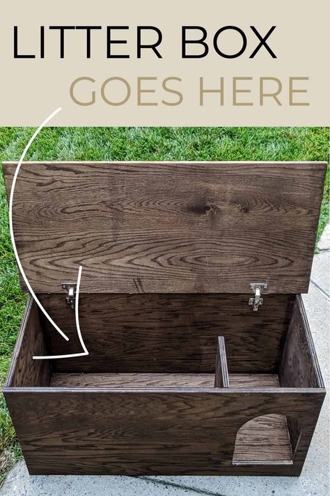 Corner Cat Litter Box Ideas, Litter Enclosure Diy, Cat Litter Box Ideas To Keep Dogs Out, Catbox Solutions Diy, Furniture Litter Box For Cats, Bench Litter Box Enclosure, Bench Cat Litter, Cat Litter Bench Diy, Disguised Cat Litter