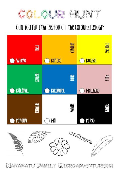 Colour nature hunt for kids [Colours in English & Maori] Maori Language Week Activities For Kids, Nature Hunt For Kids, Maori Colours, Te Reo Maori Resources, Maori Language, Nature Based Learning, Waitangi Day, Nature Hunt, Outdoor Stuff