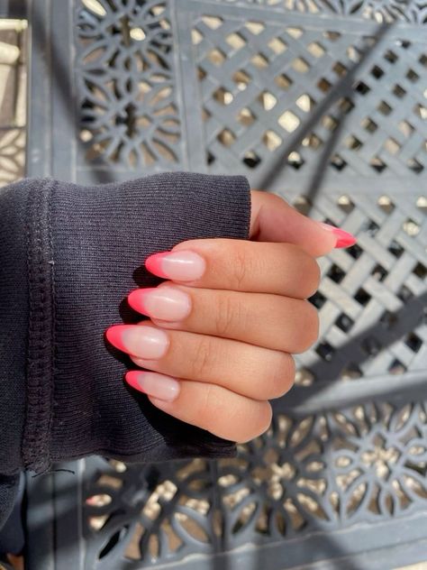 There's a new beauty trend taking over Instagram and it's absolutely stunning. Say hello to "quartz nails". Nails Coral French Tip, Almond Shaped Acrylic Nails French Tip, Coral Nail French Tips, Coral Tips Acrylic Nails, Preppy Nails Summer French Tip, Oval Nails Summer Designs, Colored French Tip Acrylics, Cute Almond Acrylics, Coral Orange French Tip Nails