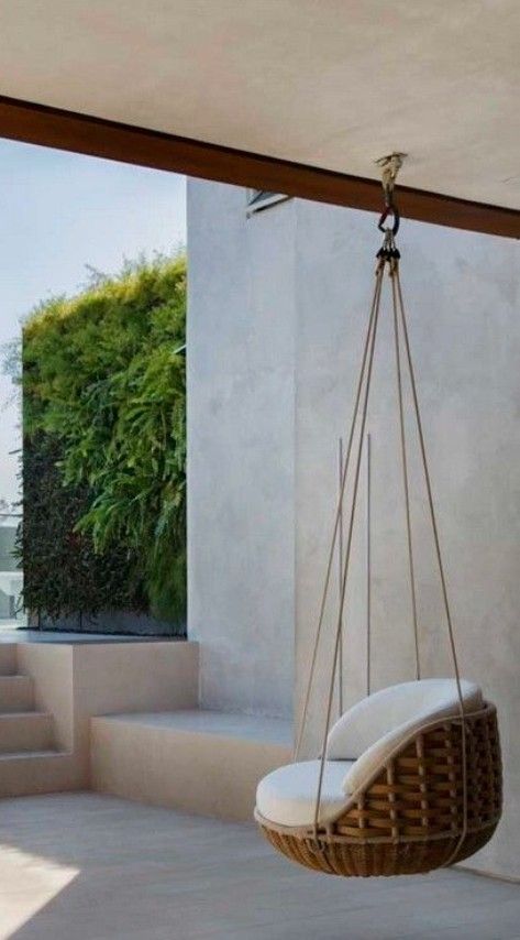 Balcony Swing Chair, Balcony Swing Ideas, Balcony Swings, Outdoor Hanging Chair, Balcony Swing, Hanging Lounge Chair, Home Office Furniture Design, Backyard Swings, Mediterranean Interior