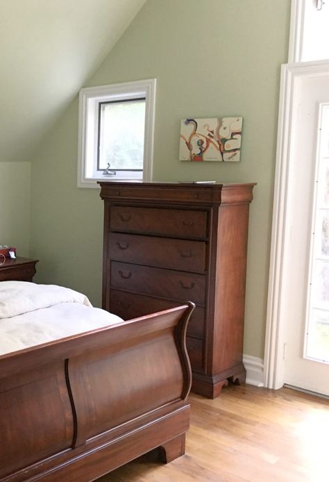 Benjamin Moore Glazed Green, Benjamin Moore Hollingsworth Green Bedroom, Light Olive Green Walls Bedroom, Sage Green And Cherry Wood Bedroom, Benjamin Moore Fernwood Green, Green Paint For North Facing Room, Green Paint Bedroom Walls, Best Greens For Bedroom, Sage Green Bedroom Dark Wood