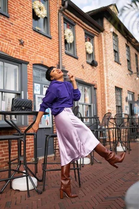 Purple and Lilac Outfit, Calf-length Slip Skirt curated, Winter Fashion, Fall & Winter Inspiration Purple Slip Dress Outfit, Slip Dress Outfit Winter, Best Loungewear Sets, Purple Slip Dress, Affordable Summer Dresses, Jadore Fashion, Dress Outfit Winter, Slip Dress Outfit, Skirt Winter