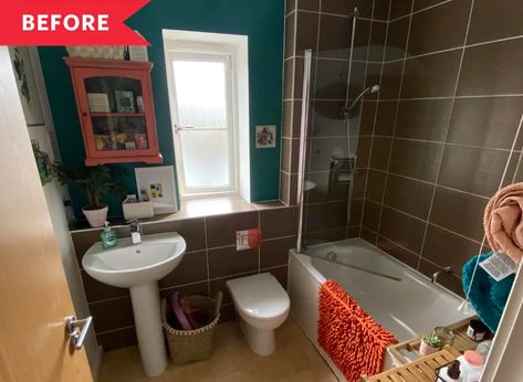 B&A: Bathroom Renovation Less Than $200 | Apartment Therapy Dingy Bathroom, Dark Green Bathroom, Glam Apartment Decor, Dark Brown Bathroom, Brown Tile Bathroom, Beige Floor Tile, Glam Apartment, Dark Green Bathrooms, Rental Bathroom