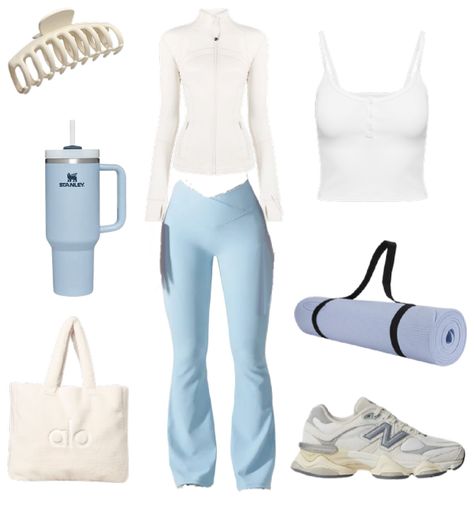 Blue Pilates Princess Aesthetic, Pilate Outfits, Blue Pilates Princess, Light Blue Leggings Outfit, Blue Leggings Outfit, Workout Outfits Aesthetic, Pilates Outfit, Light Blue Leggings, Flare Legging