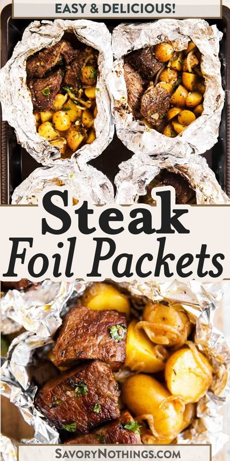 These Garlic Butter Steak and Potato Foil Packets are an easy family dinner recipe for summer. They turn out so delicious with plenty of buttery and garlicky flavor. Cook them on the grill/campfire or in the oven for a simple dinner at home or on the road! | #campingrecipes #steakrecipes #summerrecipes Garlic Steak And Potato Foil Packs, Steak And Potatoes Foil Packet, Beef Parts, Potato Foil Packets, Steak Foil Packets, Hobo Dinner Recipes, Grilled Foil Packets, Tin Foil Dinners, Yummy Nummies