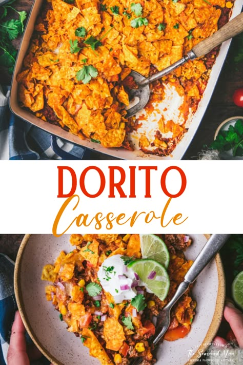 An easy twist on taco night, this Dorito casserole is an easy dinner that will make your family smile! Ground beef with taco seasoning, bell peppers, corn, and salsa are topped with shredded cheese and crumbled Nacho cheese Doritos tortilla chips. Garnish each plate with your favorite toppings, and serve this flavorful casserole with corn salad, rice, ranch-style beans, or tortilla chips and guacamole for a family-friendly weeknight meal! Beef Dorito Casserole, Casserole With Corn, Nacho Cheese Doritos, Chips And Guacamole, Kids Dinners, Dorito Casserole, Texas Chili, Freezable Meals, Beef Taco