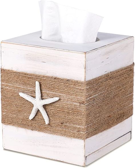 Farmhouse Bathroom Accessories, Square Tissue Box Cover, Starfish Decor, Tissue Box Cover, Tissue Holder, Rustic White, Wood Square, Farmhouse Bathroom, Tissue Box