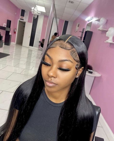 Middle Part Lace Front Wigs Straight Edges, Middle Part Wig With Edges, Middle Part Buss Down Dramatic Edges, Middle Part Styles Wig, Wig Edges Ideas Side Part, Middle Part Install, Middle Part Lace Front Wigs Edges, Middle Edges Wig, Wig Edges Ideas Middle Part