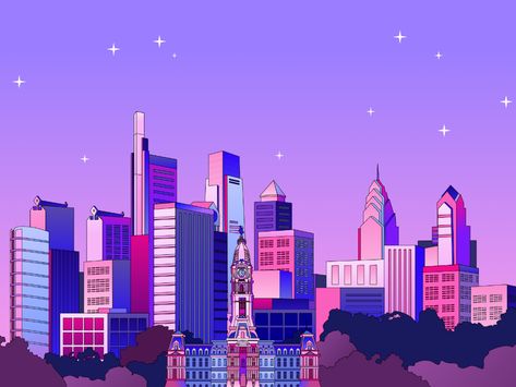 Philly skyline by Shang on Dribbble Philly Skyline, Philly Art, Philadelphia Skyline Art, Ny Skyline, Philadelphia Skyline, City Cartoon, Skyline Design, City Background, College Dorm Room Decor