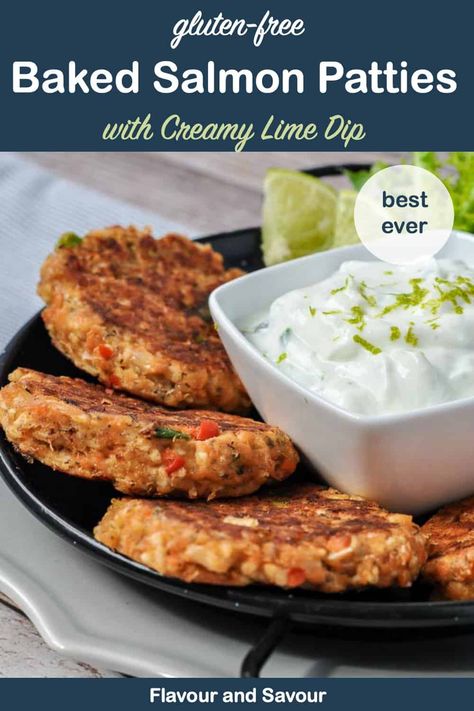 Best ever Gluten-free Baked Salmon Patties recipe! Easy to make ahead and freeze. Serve with yogurt-based Creamy Lime Sauce. Bake or fry! #mealprep #salmonpatties #glutenfree Salmon Patties Recipe Easy, Sauce For Salmon Patties, Baked Salmon Patties, Lime Dip, Salmon Cakes Recipe, Sauce For Salmon, Salmon Patties Recipe, Sweet Potato Wedges, Patties Recipe